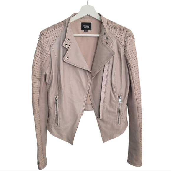 Lamarque Pink Leather Jacket Asymmetrical Zipper Fitted Sz XS - Picture 9 of 13